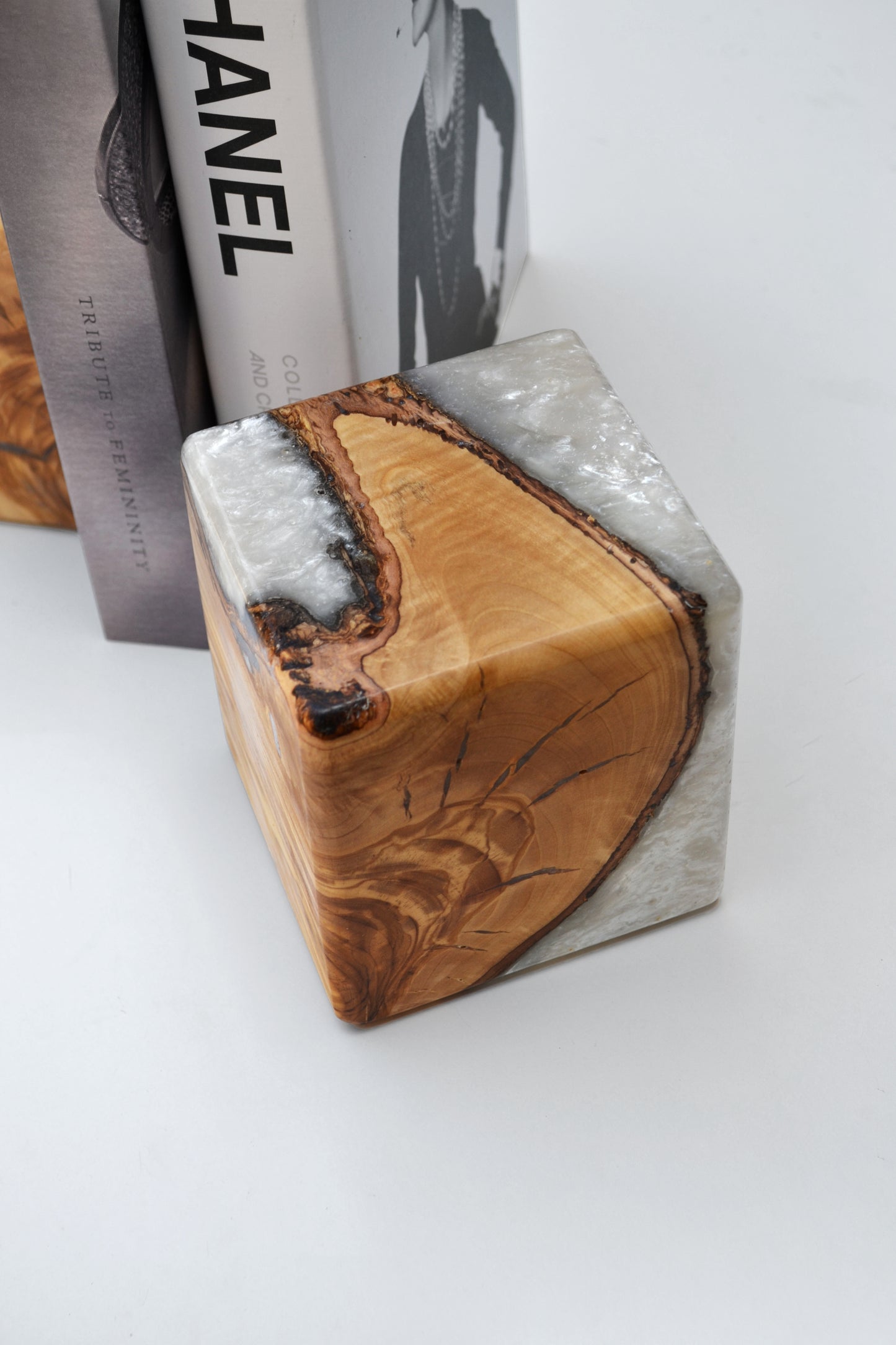 Artful olive tree lifecycle bookends, preserved in resin to showcase warm organic wood grain. Ideal for book lovers at home or in the office