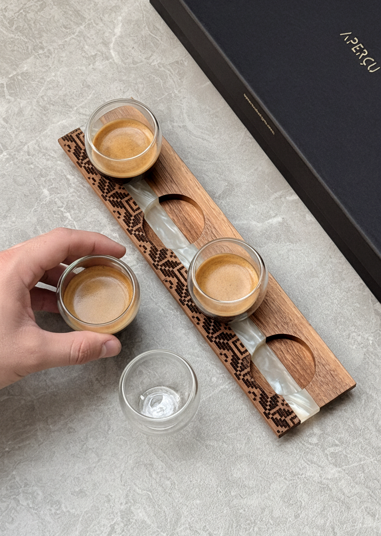 Three espresso cups on a wooden tray with a hand holding one cup, on a light gray surface.